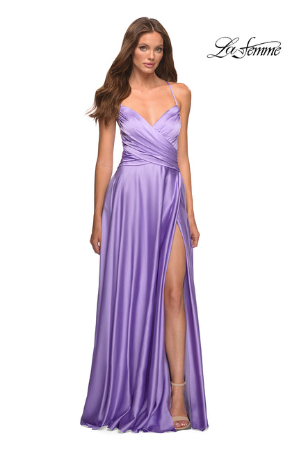 Picture of: Bright Satin Gown with Criss-Cross Ruched Top in Purple, Style: 30662, Detail Picture 1