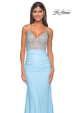 Picture of: Fitted Jersey Prom Dress with Full Rhinestone Illusion Bodice in Light Blue, Style: 32079, Detail Picture 2