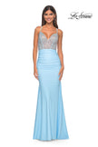 Picture of: Fitted Jersey Prom Dress with Full Rhinestone Illusion Bodice in Light Blue, Style: 32079, Detail Picture 4