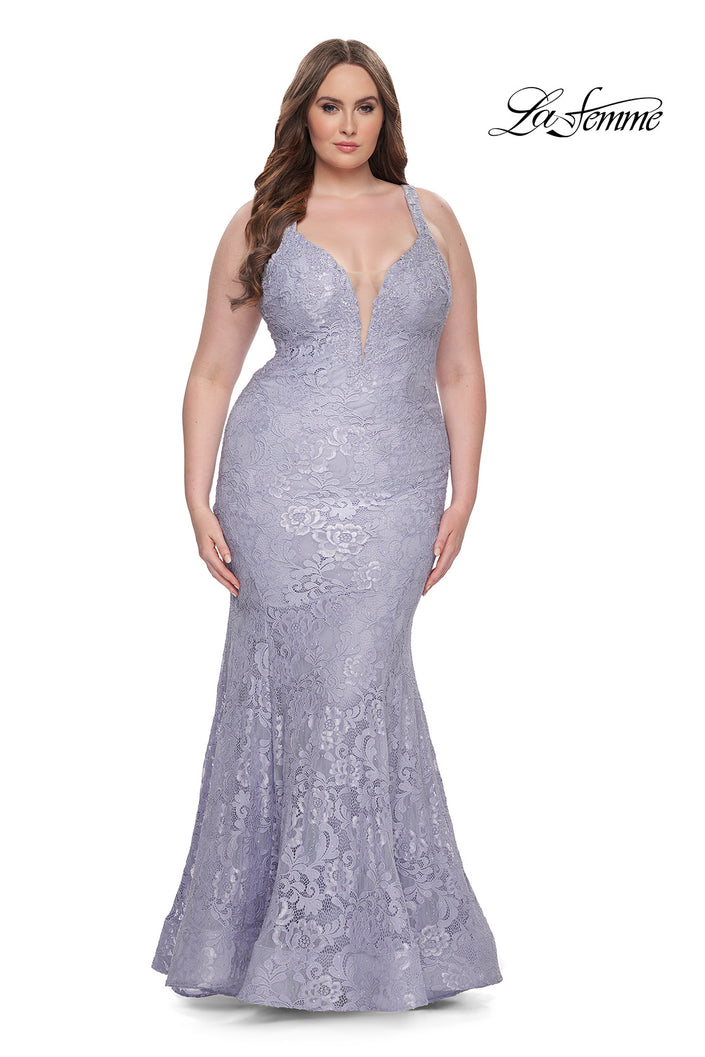 Picture of: Mermaid Lace Plus Size Prom Dress with Deep V in Light Periwinkle, Style: 31118, Main Picture