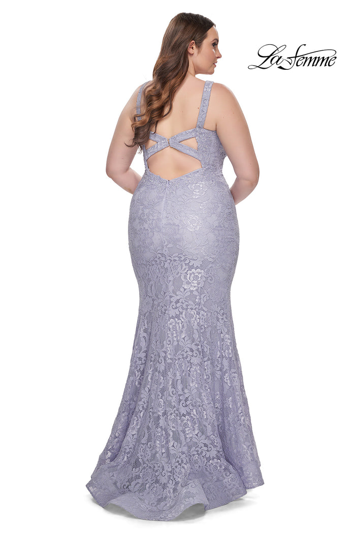 Picture of: Mermaid Lace Plus Size Prom Dress with Deep V in Light Periwinkle, Style: 31118, Back Picture