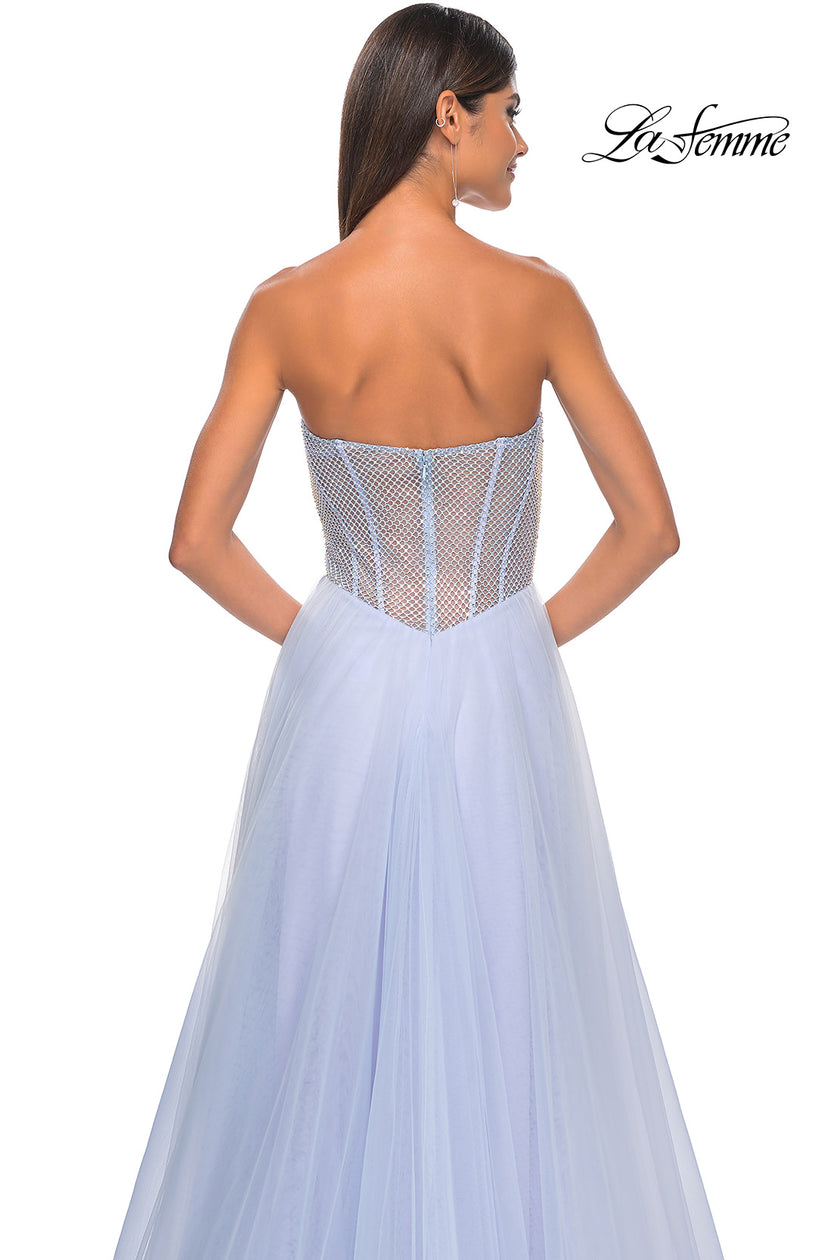 Picture of: Neon A-Line Tulle Prom Dress with Rhinestone Fishnet Bodice in Light Periwinkle, Style: 32445, Detail Picture 14