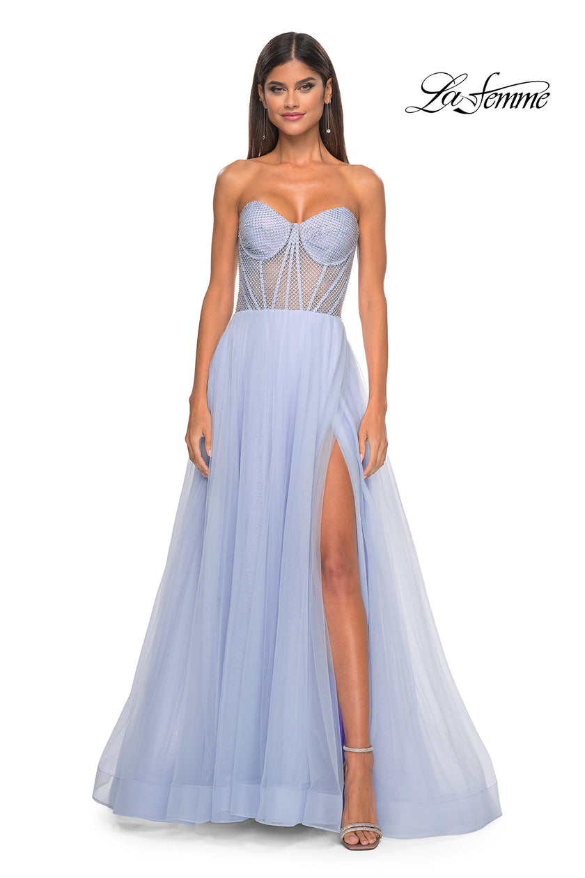Picture of: Neon A-Line Tulle Prom Dress with Rhinestone Fishnet Bodice in Light Periwinkle, Style: 32445, Detail Picture 4