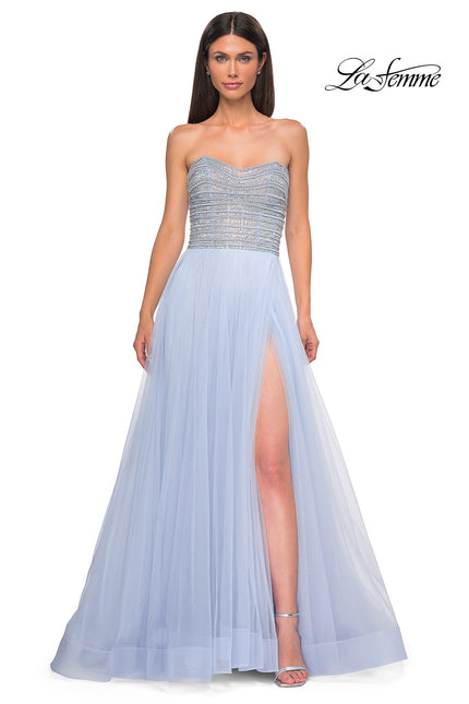 Picture of: Beautiful A-line Tulle Prom Dress with Pearl and Rhinestone Bodice in Light Periwinkle, Style 32875, Detail Picture 5