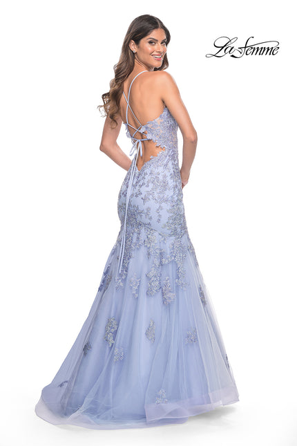 Picture of: Mermaid Lace Embellished Gown with Illusion Top in Lilac Mist, Style: 32004, Back Picture