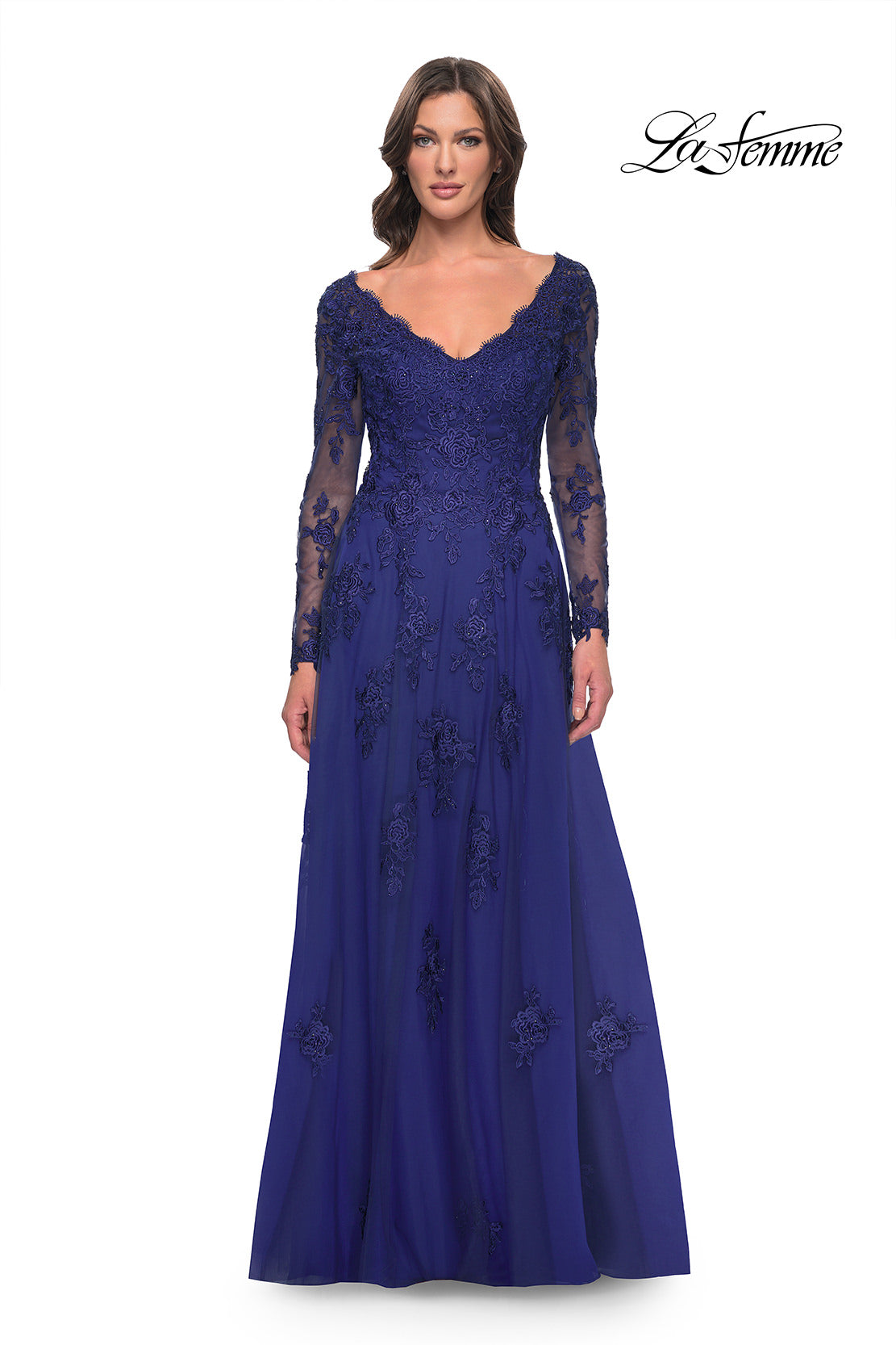 Picture of: Long Sleeve Lace and Tulle Dress with V Neckline in Marine Blue, Style: 30795, Main Picture
