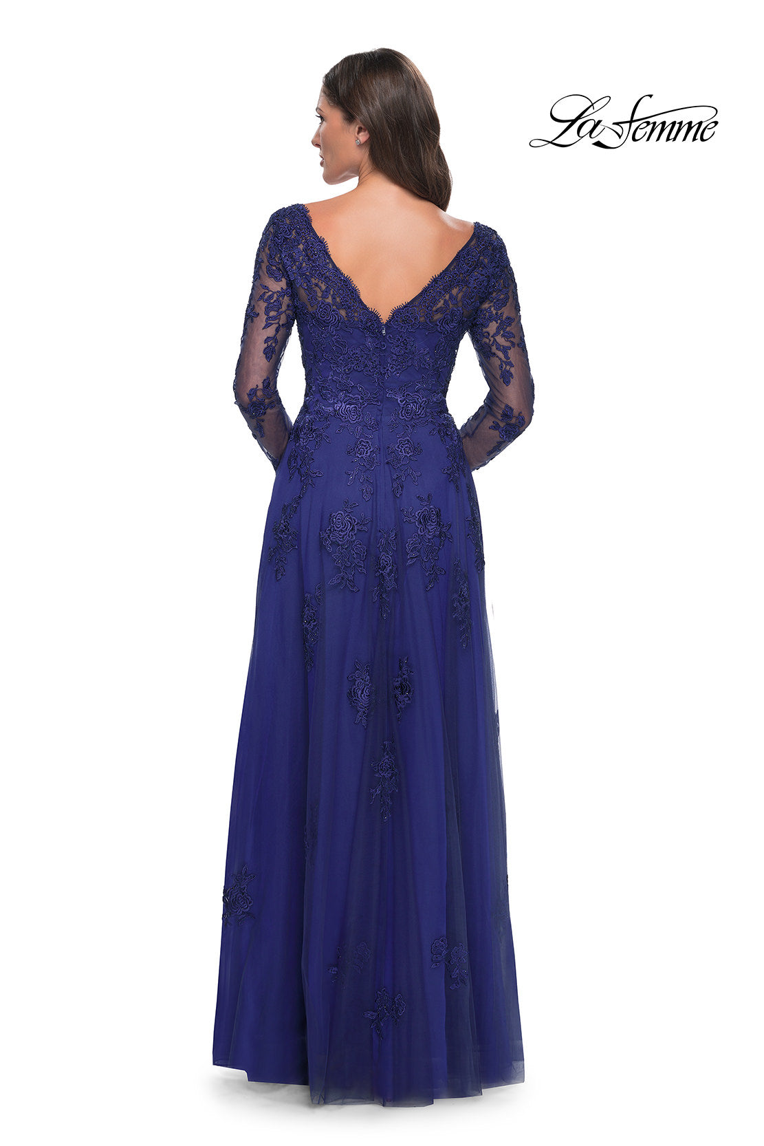 Picture of: Long Sleeve Lace and Tulle Dress with V Neckline in Marine Blue, Style: 30795, Back Picture