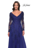 Picture of: Long Sleeve Lace and Tulle Dress with V Neckline in Marine Blue, Style: 30795, Detail Picture 7