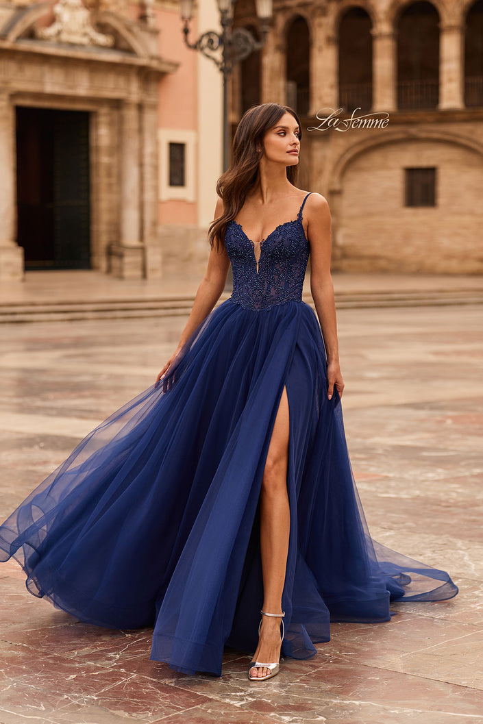 Picture of: Rhinestone Lace A-Line Gown with Sheer Bodice and Slit in Marine Blue, Style: 33674, Main Picture