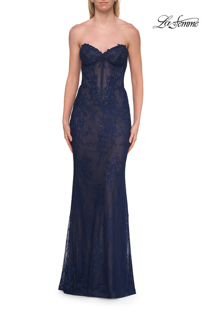 Picture of: Strapless Rhinestone Lace Gown with Sheer Corset Bodice in Marine Blue, Style: 33518, Detail Picture 6