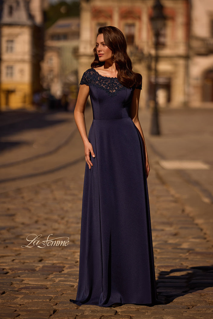 Picture of: Jersey Gown with Full Skirt and Lace Detail Top, Style: 29511, Main Picture