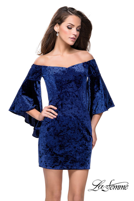 Picture of: Trendy Velvet Dress with Off the Shoulder Bell Sleeves in Navy, Style: 26640, Main Picture