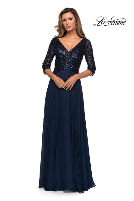 Picture of: Long Chiffon Evening Gown with Sequined Bodice in Navy, Style: 27998, Main Picture