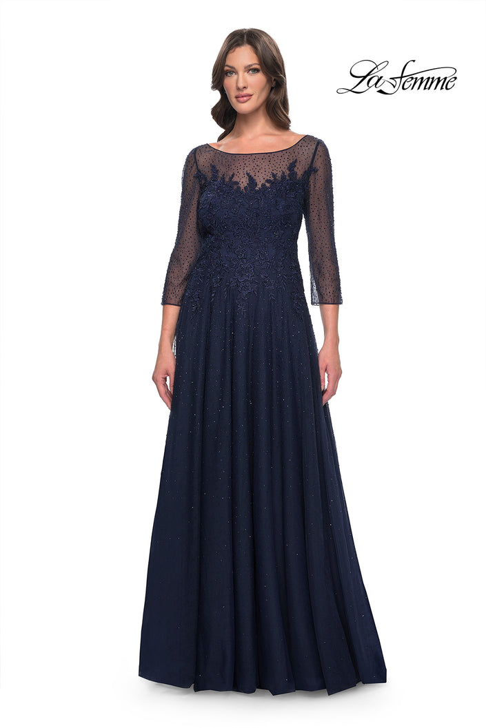 Picture of: Rhinestone Embellished A-Line Tulle and Lace Evening Dress in Navy, Style: 31235, Main Picture