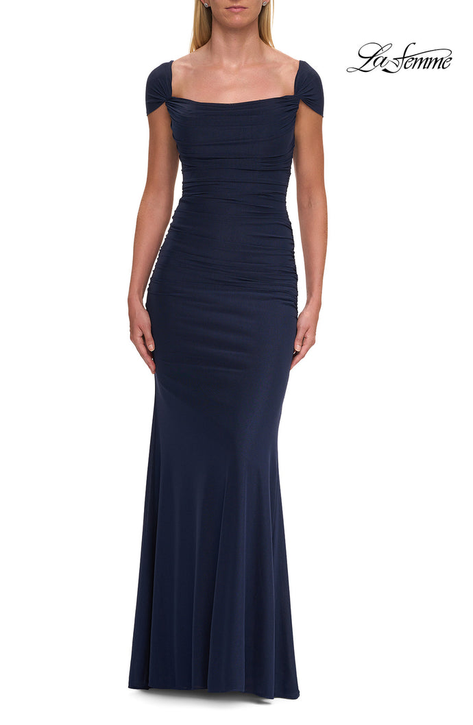 Picture of: Simple Ruched Cap Sleeve Net Jersey Gown in Navy, Style: 33506, Main Picture