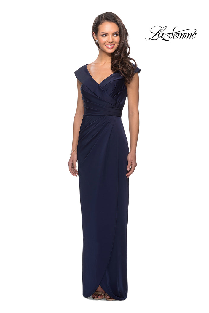Picture of: Long Jersey Dress with Ruching and Cap Sleeves in Navy, Style: 25206, Detail Picture 2