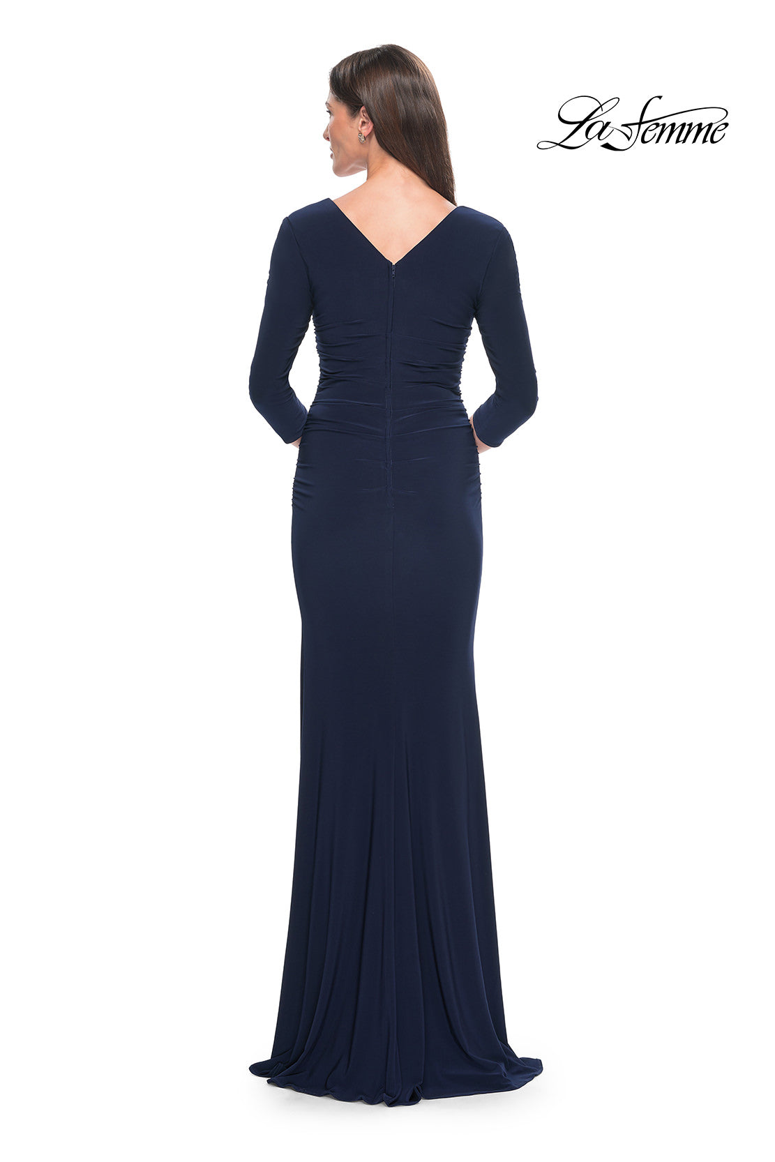 Picture of: Long Jersey Evening Dress with Square Neckline and Sleeves in Navy, Style: 30883, Detail Picture 2