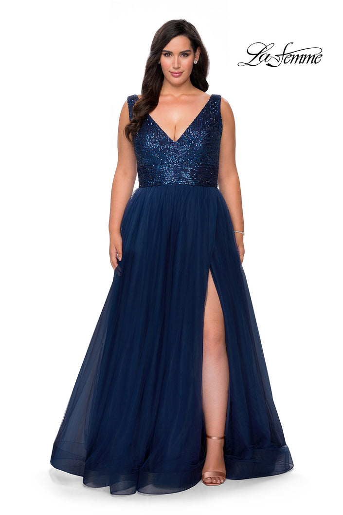 Picture of: Curvy A-line Prom Gown with Sequin Bodice and Tulle Skirt in Navy, Style: 29045, Main Picture