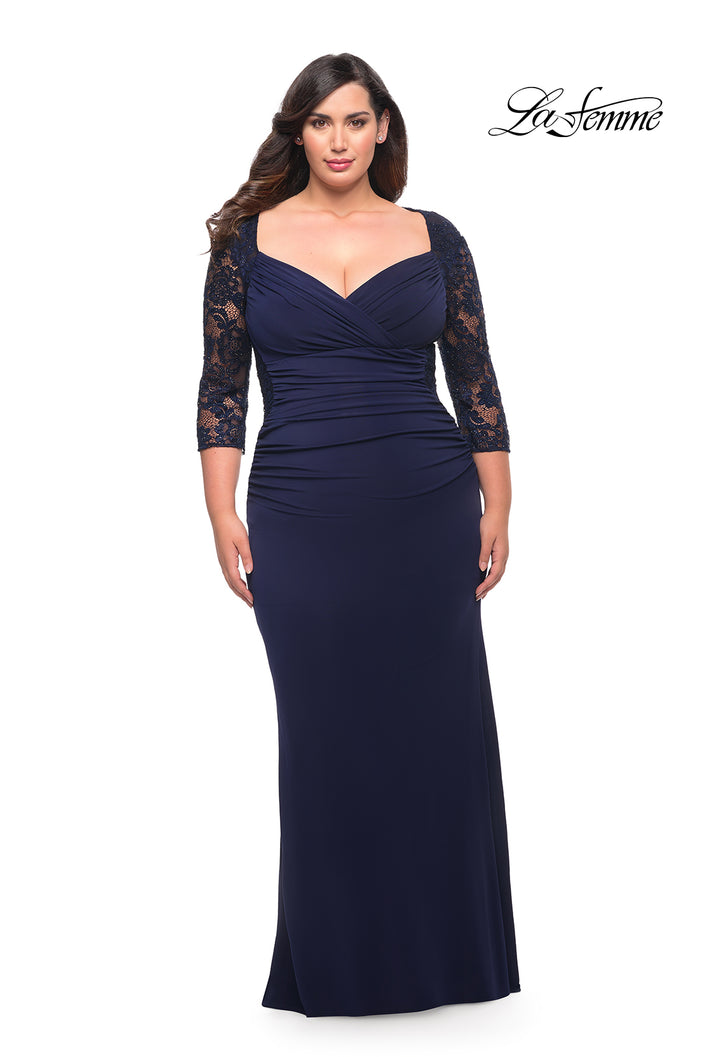 Picture of: Jersey Plus Dress with Lace Sleeves and Back in Navy, Style: 29586, Main Picture