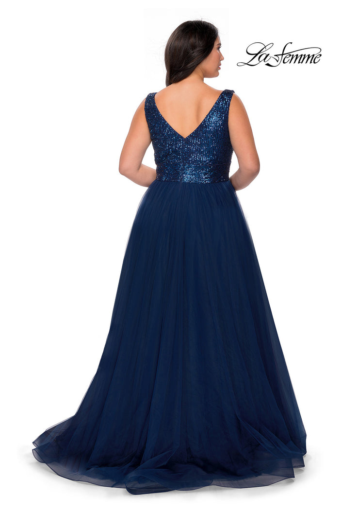 Picture of: Curvy A-line Prom Gown with Sequin Bodice and Tulle Skirt in Navy, Style: 29045, Back Picture