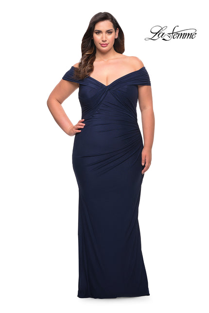 Picture of: Long Net Jersey Plus Dress with Bodice Design in Navy, Style: 29635, Detail Picture 2
