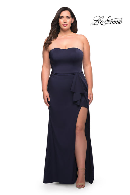 Picture of: Strapless Plus Size Dress with Ruffle Slit Detail in Navy, Style: 29664, Detail Picture 2