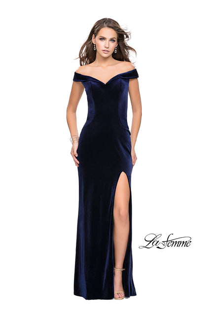Picture of: Long Off the Shoulder Velvet Gown with Open Back in Navy, Style: 25400, Main Picture