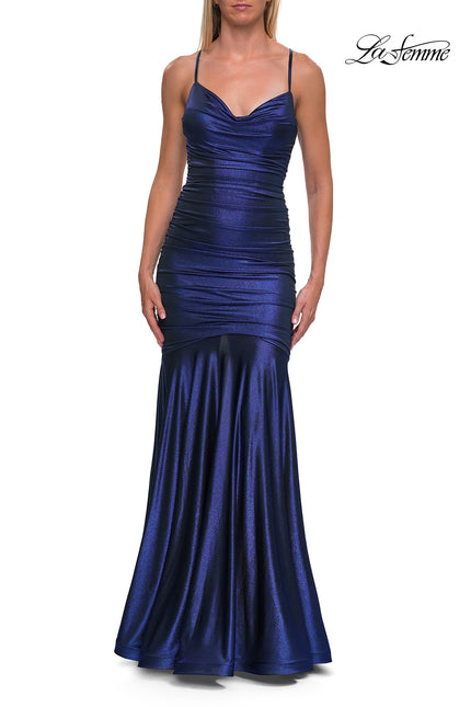 Picture of: Metallic Jersey Mermaid Gown with Draped Cowl Neckline and Lace-Up Back in Navy, Style: 33412, Detail Picture 9