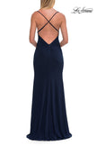Picture of: Cowl Neck Jersey Gown with Open Back and High Slit in Navy, Style: 33299, Detail Picture 16