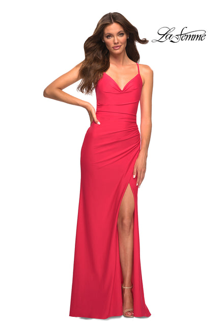 Picture of: Long Hot Coral Dress with Flattering Ruching and Slit in Orange, Style: 30444, Main Picture