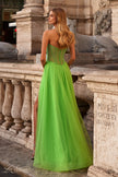 Picture of: Neon A-Line Tulle Prom Dress with Rhinestone Fishnet Bodice in Bright Green, Style: 32445, Back Picture