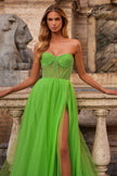 Picture of: Neon A-Line Tulle Prom Dress with Rhinestone Fishnet Bodice in Bright Green, Style: 32445, Detail Picture 1