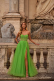 Picture of: Neon A-Line Tulle Prom Dress with Rhinestone Fishnet Bodice in Bright Green, Style: 32445, Detail Picture 2