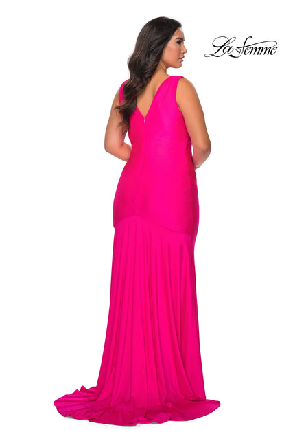 Picture of: Neon Plus Size Jersey Dress with Faux Wrap Bodice in Neon Pink, Style: 29016, Back Picture