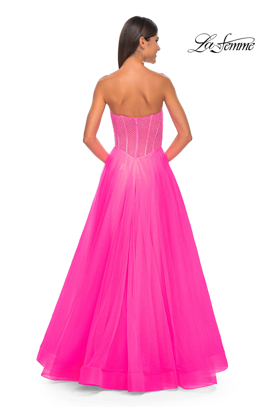 Picture of: Neon A-Line Tulle Prom Dress with Rhinestone Fishnet Bodice in Neon Pink, Style: 32445, Detail Picture 8