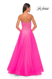 Picture of: Neon A-Line Tulle Prom Dress with Rhinestone Fishnet Bodice in Neon Pink, Style: 32445, Detail Picture 8