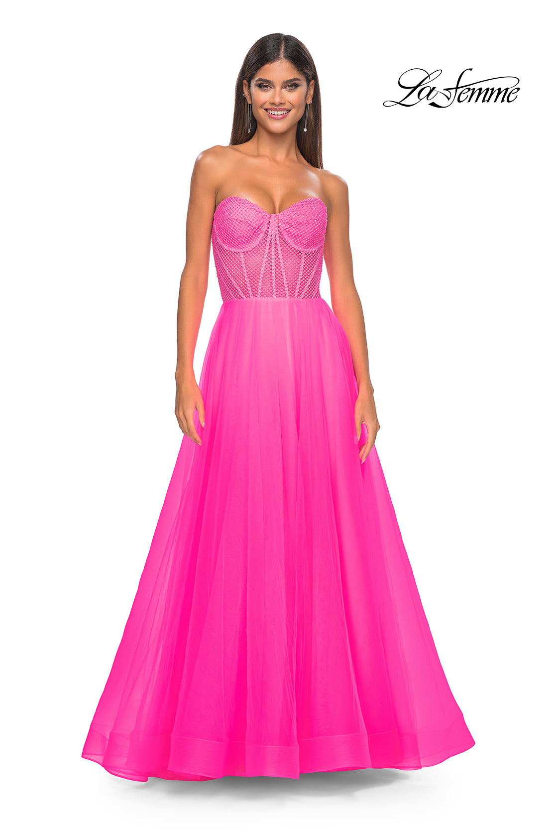 Picture of: Neon A-Line Tulle Prom Dress with Rhinestone Fishnet Bodice in Neon Pink, Style: 32445, Detail Picture 9