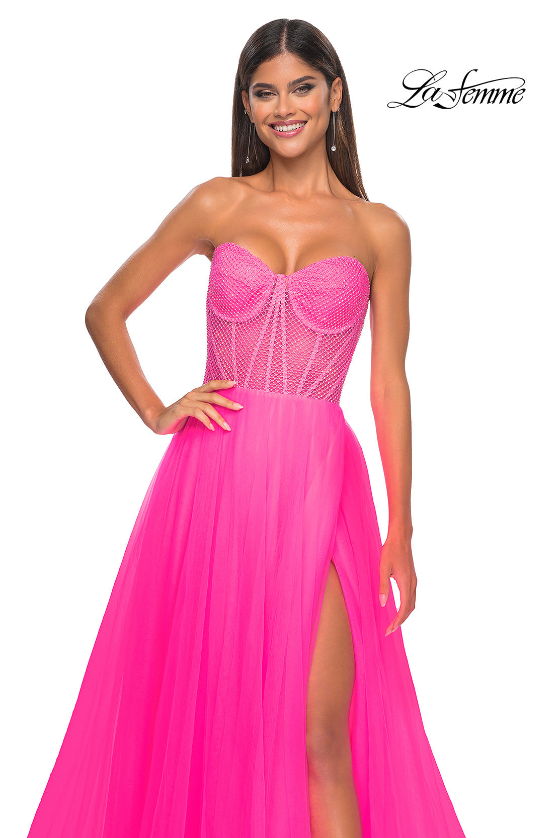 Picture of: Neon A-Line Tulle Prom Dress with Rhinestone Fishnet Bodice in Neon Pink, Style: 32445, Detail Picture 15