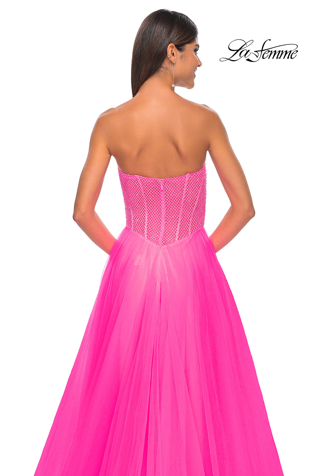 Picture of: Neon A-Line Tulle Prom Dress with Rhinestone Fishnet Bodice in Neon Pink, Style: 32445, Detail Picture 16
