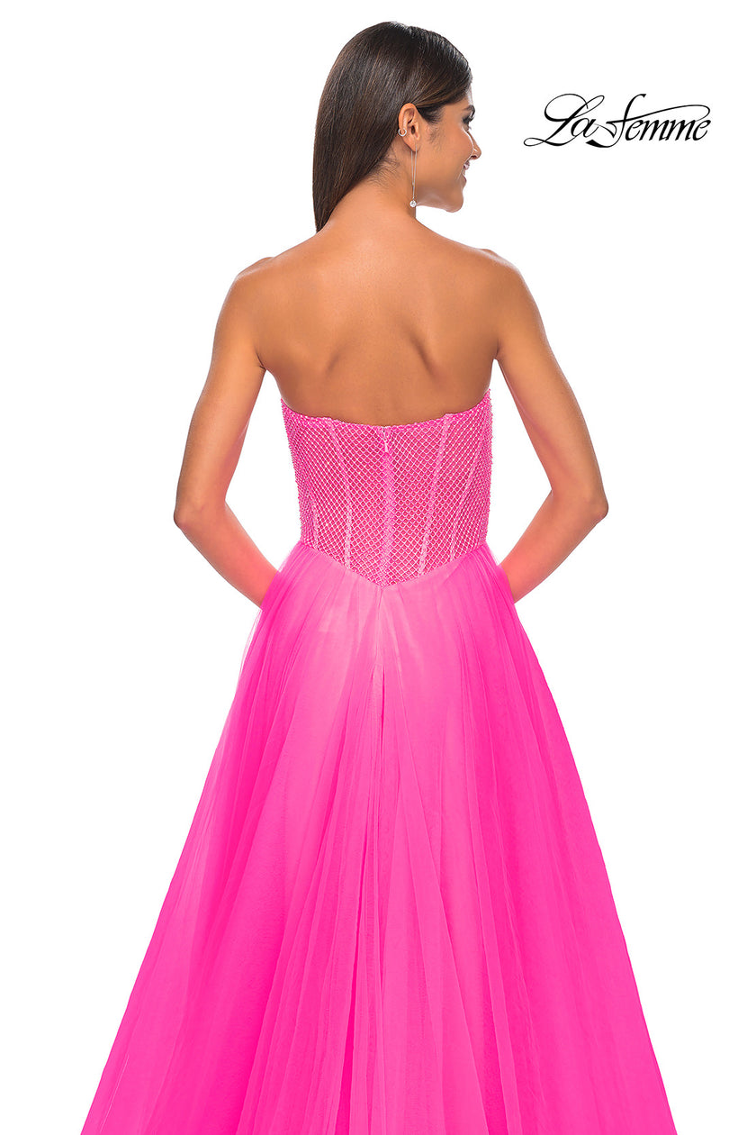 Picture of: Neon A-Line Tulle Prom Dress with Rhinestone Fishnet Bodice in Neon Pink, Style: 32445, Detail Picture 16