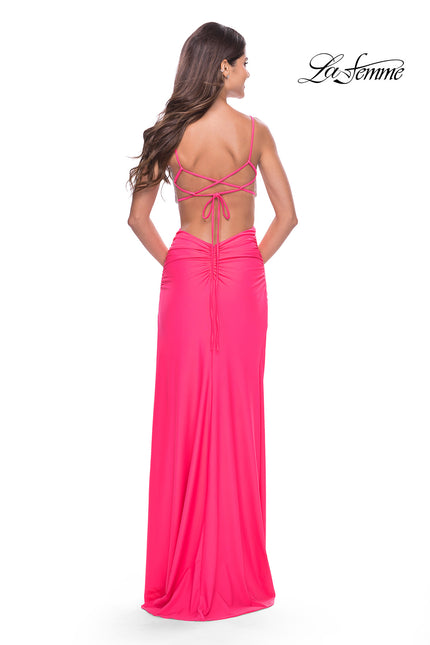 Picture of: Cut Out Prom Dress with Rhinestone Top in Neon Pink, Style: 31571, Back Picture