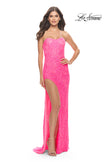 Picture of: Beaded Lace Strapless Dress with High Side Slit in Neon Pink, Style: 31351, Detail Picture 1