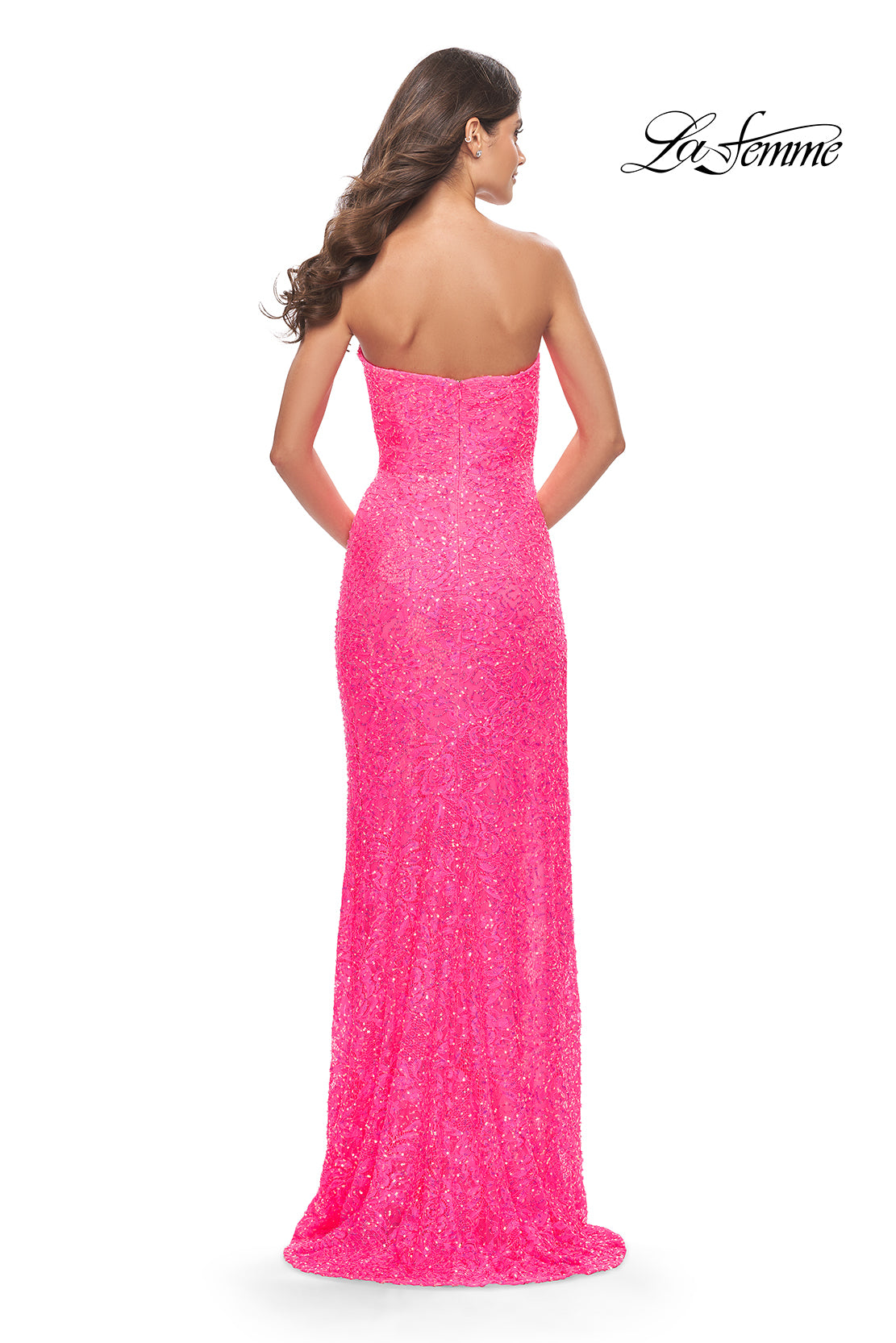 Picture of: Beaded Lace Strapless Dress with High Side Slit in Neon Pink, Style: 31351, Detail Picture 2