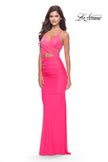 Picture of: Cut Out Long Soft Jersey Dress with Criss Cross Bodice in Neon in Neon Pink, Style: 31442, Detail Picture 3
