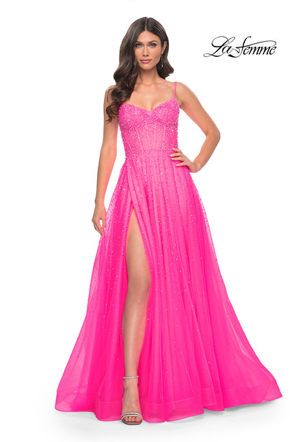 Picture of: Rhinestone A-Line Tulle Prom Dress with Illusion Bodice in Pink, Style: 32146, Detail Picture 5