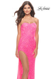 Picture of: Beaded Lace Strapless Dress with High Side Slit in Neon Pink, Style: 31351, Detail Picture 6