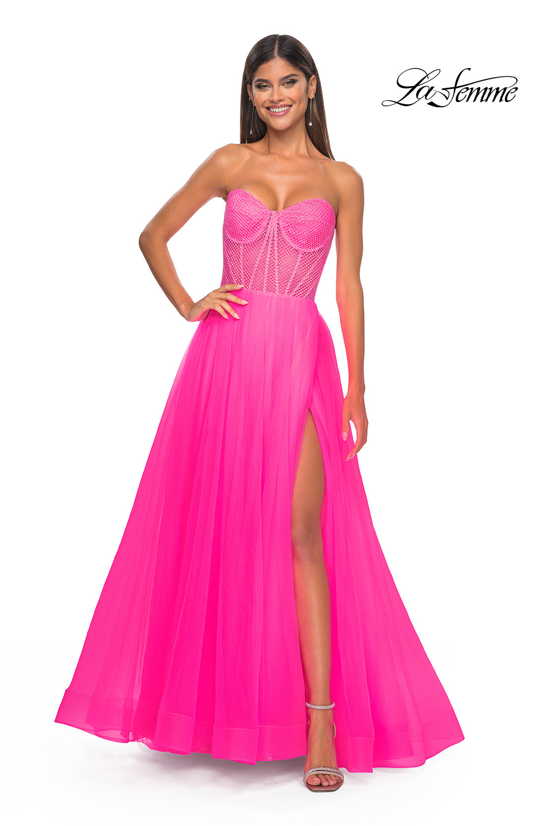 Picture of: Neon A-Line Tulle Prom Dress with Rhinestone Fishnet Bodice in Neon Pink, Style: 32445, Detail Picture 7