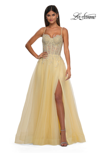 Picture of: Lace and Tulle A-line Prom Dress with High Slit in Pale Yellow, Style: 32646, Detail Picture 9