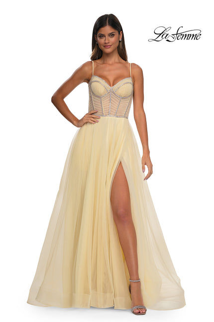Picture of: Tulle A-line Prom Dress with Rhinestone Detail on Corset Top in Pale Yellow, Style: 32675, Detail Picture 6