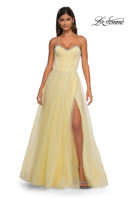 Picture of: A-line Tulle Dress with Satin Top and Rhinestone Neckline in Pale Yellow, Style: 32731, Detail Picture 6